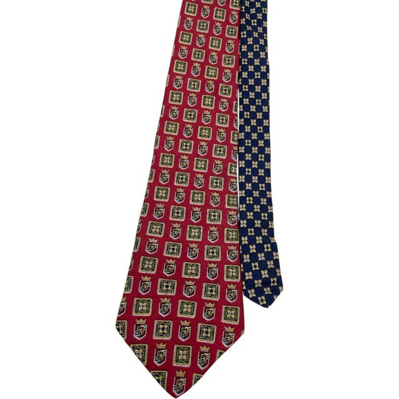 Tommy Hilfiger Silk Tie Vintage 90's Red Blue Preppy Crests - Picture 1 of 6
